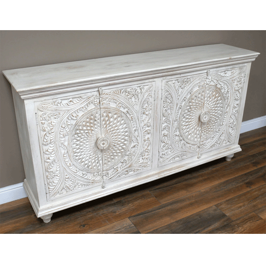 Large Rustic Style Wooden Carved Sideboard Industrial Style Candle and Blue Interiors
