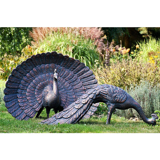 Pair Large Metal Peackock Garden Ornaments Garden Sculptures Candle and Blue Interiors