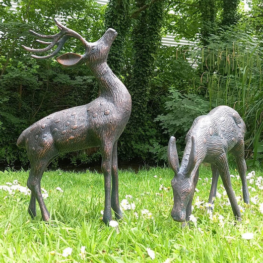 Set Small Garden Deer Sculptures Antique Bronze Finish Garden Sculptures Candle and Blue Interiors