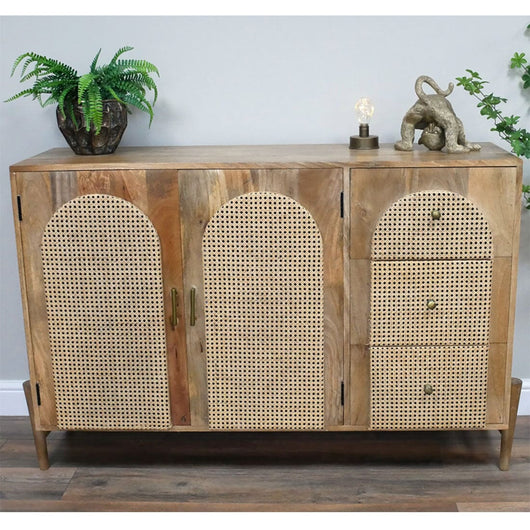 Small Industrial Style Mango Wood Sideboard Rattan Sideboard Candle and Blue Interiors