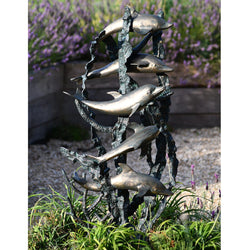 Tall Metal Dolphin Water Feature Garden Sculptures Candle and Blue Interiors
