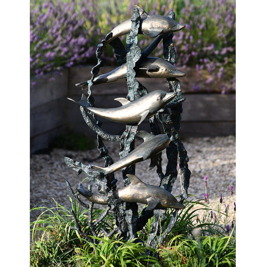 Tall Metal Dolphin Water Feature Garden Sculptures Candle and Blue Interiors