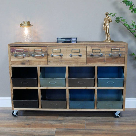 3 Drawers 8 Metal Sloping Metal Baskets Hall Storage Cabinet. Chest Drawers Candle and Blue Interiors