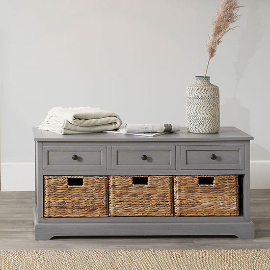 Grey 3 Drawers/3 Basket Hallway Seat Storage Chest of Drawers Candle and Blue Interiors