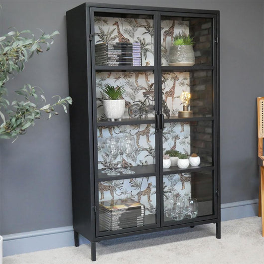 Industrial Metal Display 4 Shelf Cabinet Industrial Style Candle and Blue Interiors