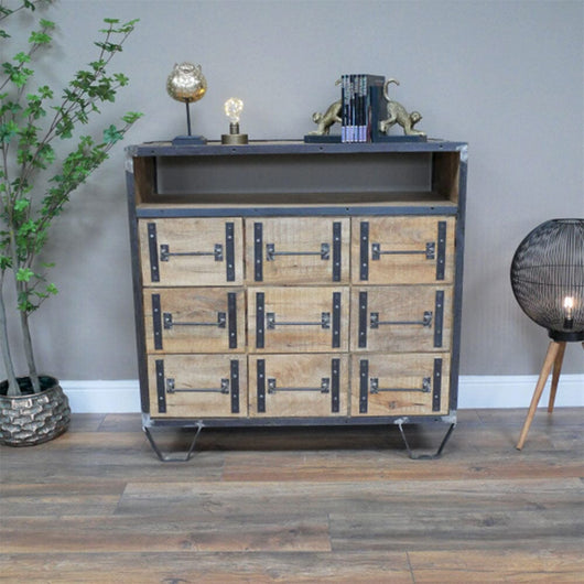 Industrial Style Chest of 9 Drawers Mango Wood & Iron Chest Drawers Candle and Blue Interiors