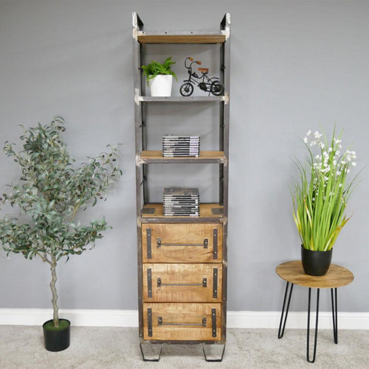 Industrial Style Narrow Wood & Metal Bookcase Bookcases & Standing Shelves Candle and Blue Interiors