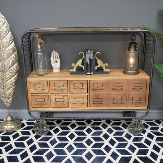 Industrial Style Slimline Wooden Trolley Storage Unit With 6 Drawers Buffets & Sideboards Candle and Blue Interiors
