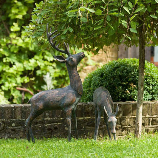 Large Garden Deer Sculptures Verdi Gris Finish Garden Sculptures Candle and Blue
