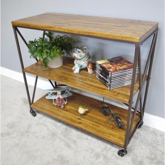Modern Wooden Industrial Wheeled Shelving Unit Industrial Style Candle and Blue Interiors
