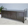 Narrow Black Metal Hallway Bench Seat Cabinet Industrial Style Candle and Blue Interiors