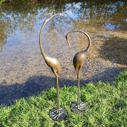 Pair of Elegant Metal Garden Cranes Sculptures Garden Sculptures Candle and Blue