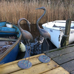Pair of Garden Metal Crane Ornaments Garden Sculptures Candle and Blue
