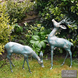 Small Standing Stag and Doe Sculptures Garden Sculptures Candle and Blue