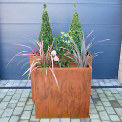 2 Tall Feldspar Clay Rectangular Garden Planters Rusty Metal Style Garden Pots Candle and Blue Interiors 