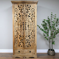 Tall Mango Wood Carved Storage Cabinet