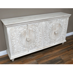 Large Rustic Style Wooden Carved Sideboard Industrial Style Candle and Blue Interiors 