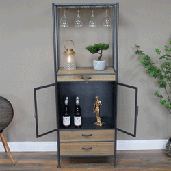 Narrow Tall Metal Wood Drinks Cabinet With Doors Wine Cupboards Candle and Blue Interiors 