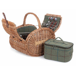 Wicker picnic basket with cutlery and fitted cooler bag accessories on a white background