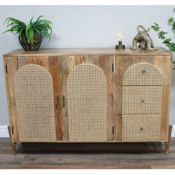 Small Industrial Style Mango Wood Sideboard Rattan Sideboard Candle and Blue Interiors 