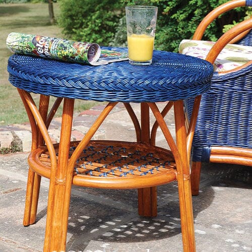 Small Low Round Blue Cane Conservatory Table Wicker Furniture Candle and Blue 