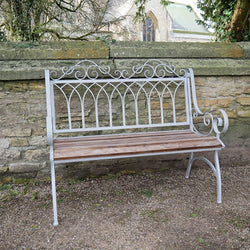 2 Seater Grey Cast Iron and Fir Wood Garden Bench Seat Garden Furniture Candle and Blue Interiors 