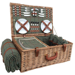 4 Person Green Tweed Willow Picnic Basket Picnic Baskets Candle and Blue 
