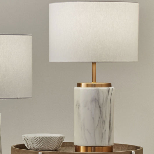Alicia Marble Effect Table Lamp & Faux Cotton Shade Lamps Candle and Blue Interiors 