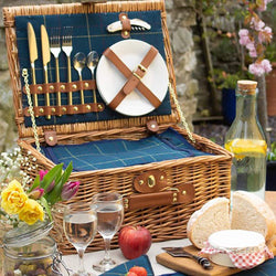 Blue Tartan Willow Picnic Hamper 2 Person Picnic Baskets Candle and Blue 