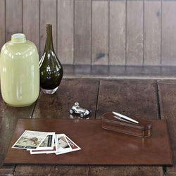 Brown Leather Office Desk Cover Mat Leather Storage Candle and Blue 