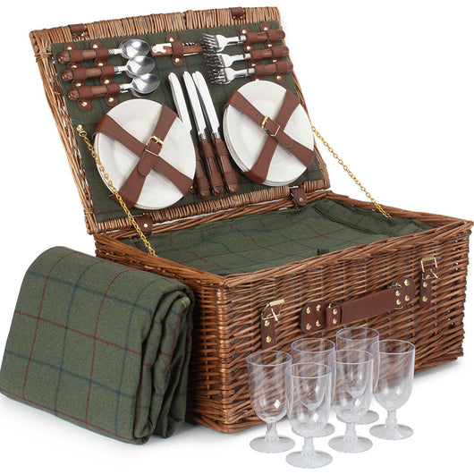 Classic Willow Picnic Basket for 6 Green Tweed Picnic Baskets Candle and Blue Interiors 