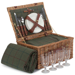 Fitted 4 Person Luxury Willow Hamper Green Tweed Picnic Baskets Candle and Blue Interiors 