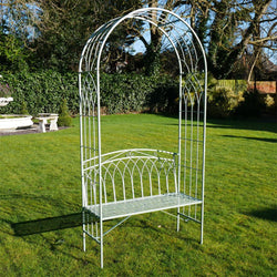 Garden Metal Garden Rose Arch & Bench Seat Olive Green Garden Furniture Candle and Blue Interiors 