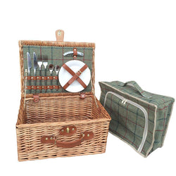 Green Tweed 2 Person Picnic Willow Hamper Picnic Baskets Candle and Blue 