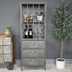 Industrial Metal Wood Display Cabinet Storage Units Candle and Blue Interiors 