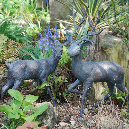 Large Standing Stag Doe Bronze Effect Garden Sculptures Candle and Blue Interiors 