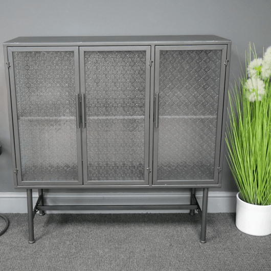 Metal and Patterned Glass Storage Cabinet Candle and Blue Interiors