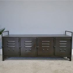 Narrow Black Metal Hallway Bench Seat Cabinet Industrial Style Candle and Blue Interiors 