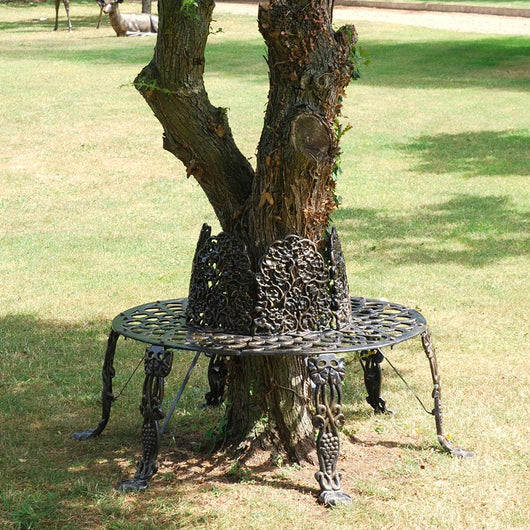 Ornate Black & Gold Circular Tree Bench Seat Garden Furniture Candle and Blue Interiors 