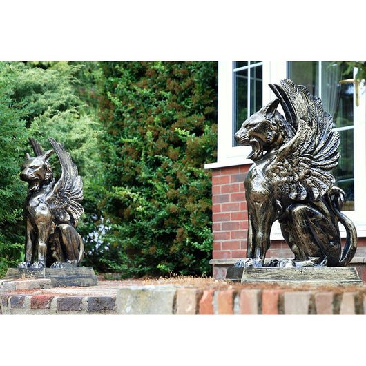 Pair Cat Lion Garden Metal Sculptures Garden Sculptures Candle and Blue Interiors 