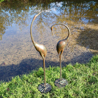 Pair of Elegant Metal Garden Cranes Sculptures Garden Sculptures Candle and Blue 