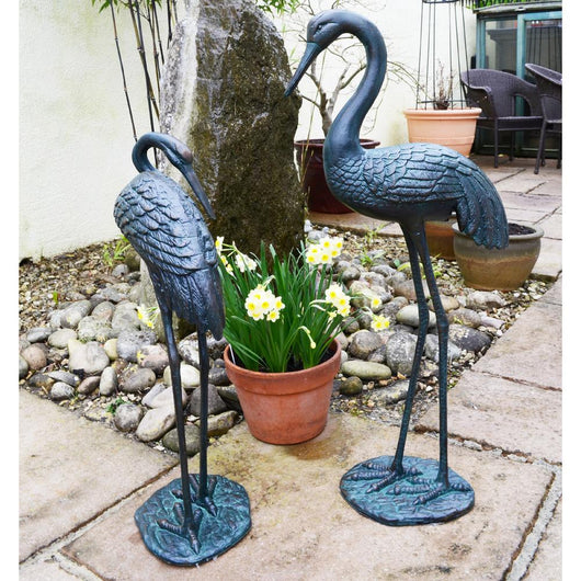 Pair Of Standing Cranes Dark Verdigris Garden Sculptures Candle and Blue 