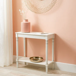 Rustic French Style White Console Table With Shelf End Tables Candle and Blue Interiors 