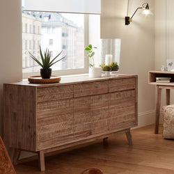 Sand Wash Acacia Wood 3 Door 3 Drawer Sideboard - Kalmar Sideboard Candle and Blue Interiors 