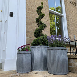 Set 3 Distressed Galvanised Outdoor Planters Garden Pot Saucers & Trays Candle and Blue Interiors 