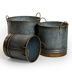 Set 3 Galvanised Ribbed Bass Detailing Garden Planters Garden Pots Candle and Blue Interiors 