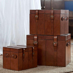 Set of 3 Leather Trunks Leather Storage Candle and Blue 