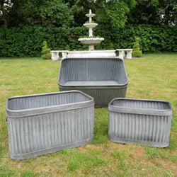 Set Rectangular Galvanised Metal Garden Dolly Planters Garden Pot Saucers & Trays Candle and Blue Interiors 