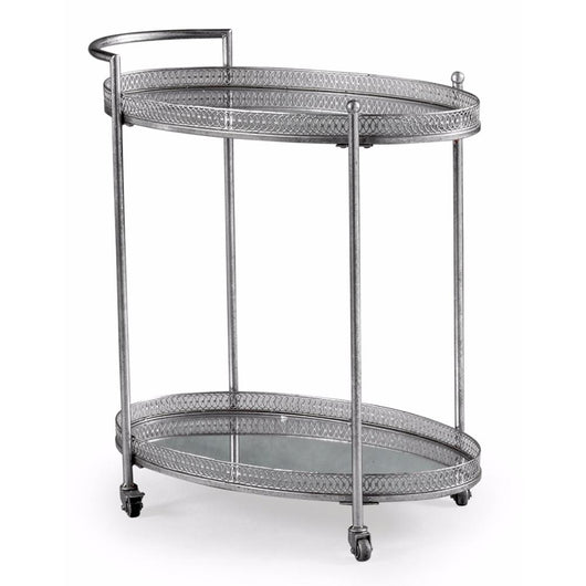 Silver Style Metal Drinks Tea Serving Trolley Coffee Table Candle and Blue Interiors 