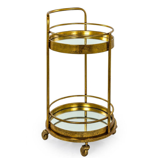 Small Round Mirrored Antique Gold and Bronze Leaf Drinks Trolley End Tables Candle and Blue Interiors 